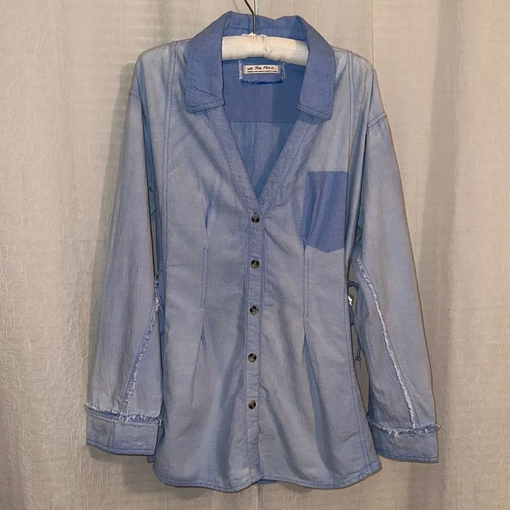 free people M-L Blue Chambray Denim Vintage Wash Distressed Shirt Tunic